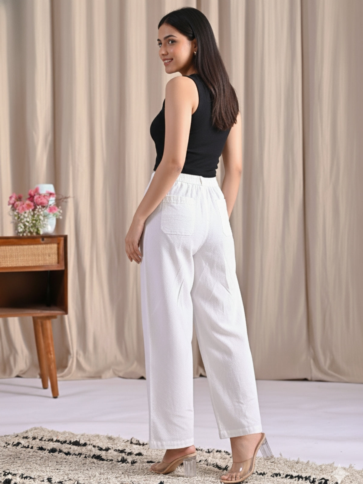 White & Wine-Cotton Wide Leg Pants Combo