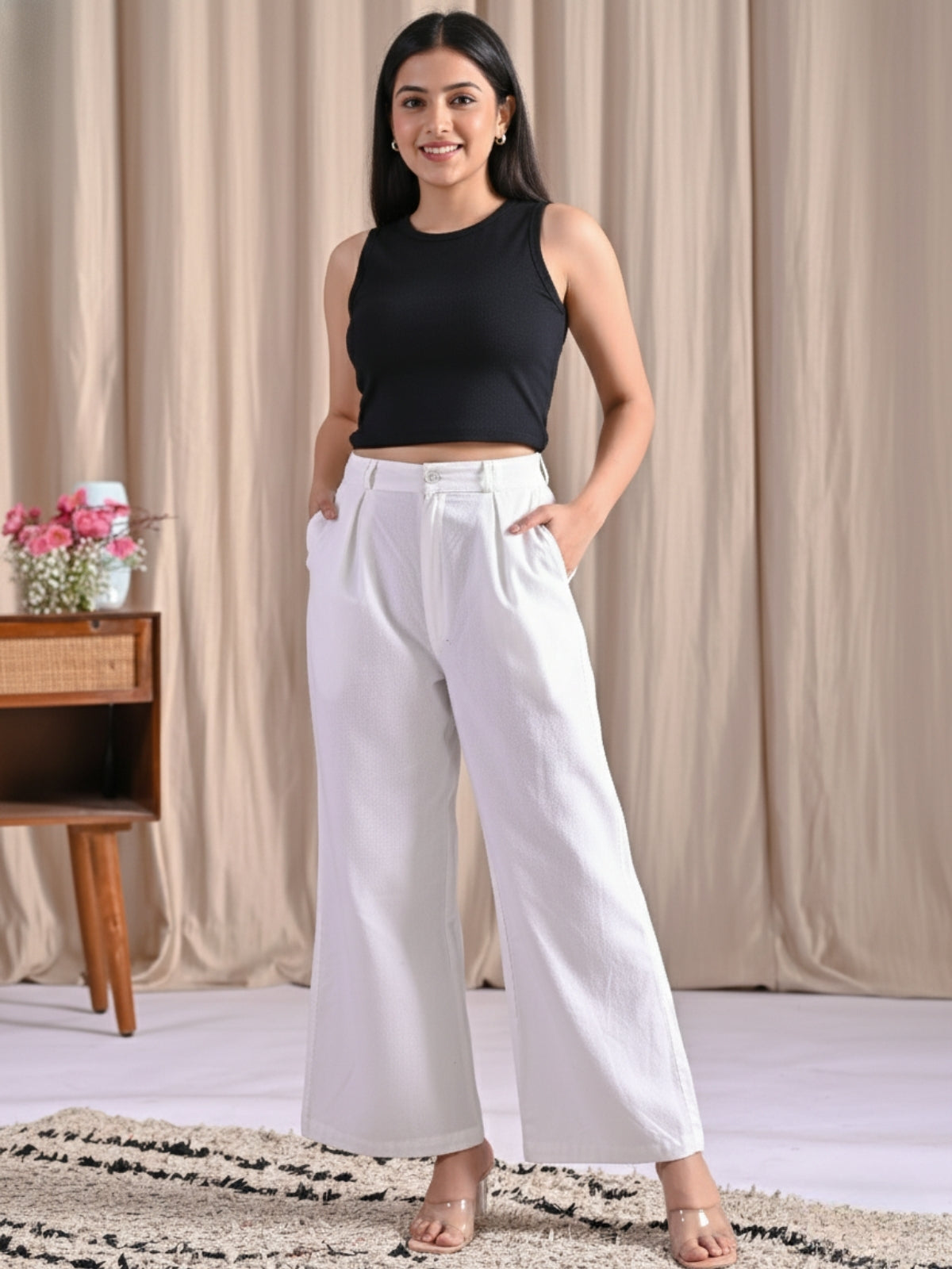 Tealblue & White-Cotton Wide Leg Pants Combo
