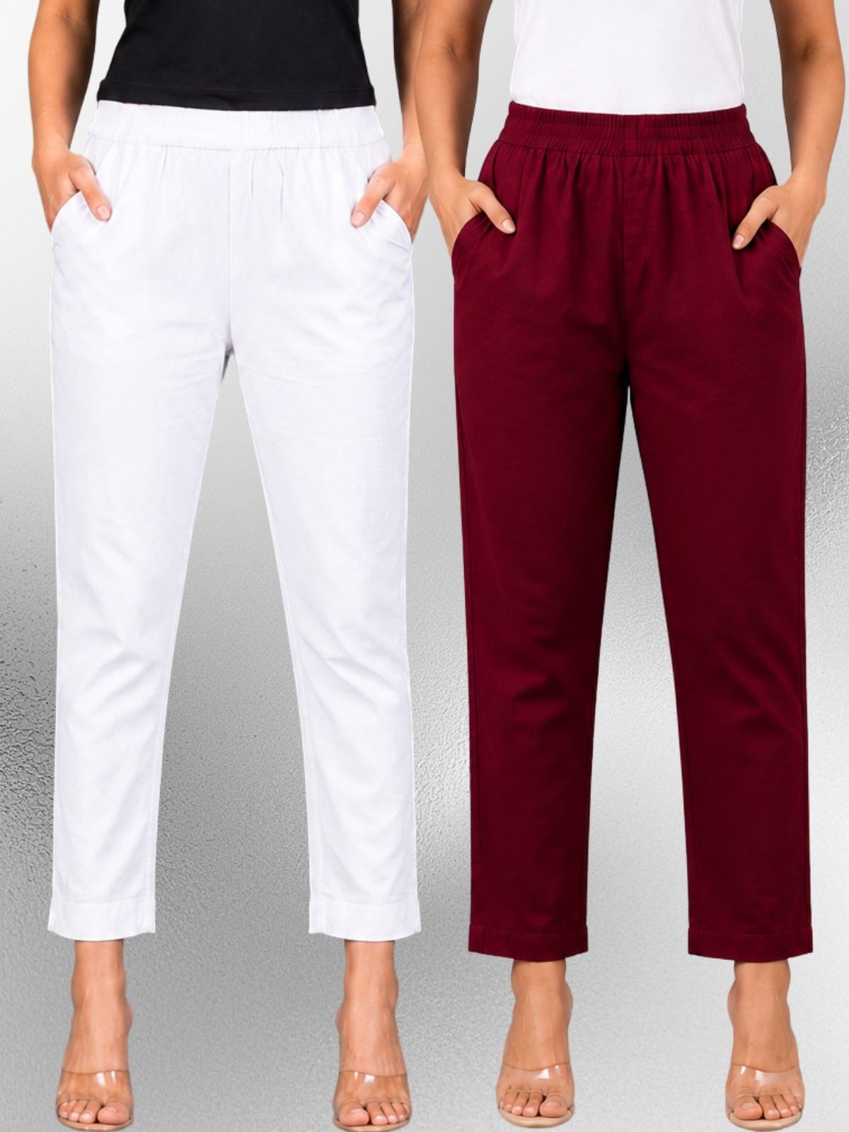 White & Wine Regular Fit Elastic Cotton Trouser Combo