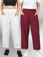 White & Wine Cotton Straight Cargo Pant Combo