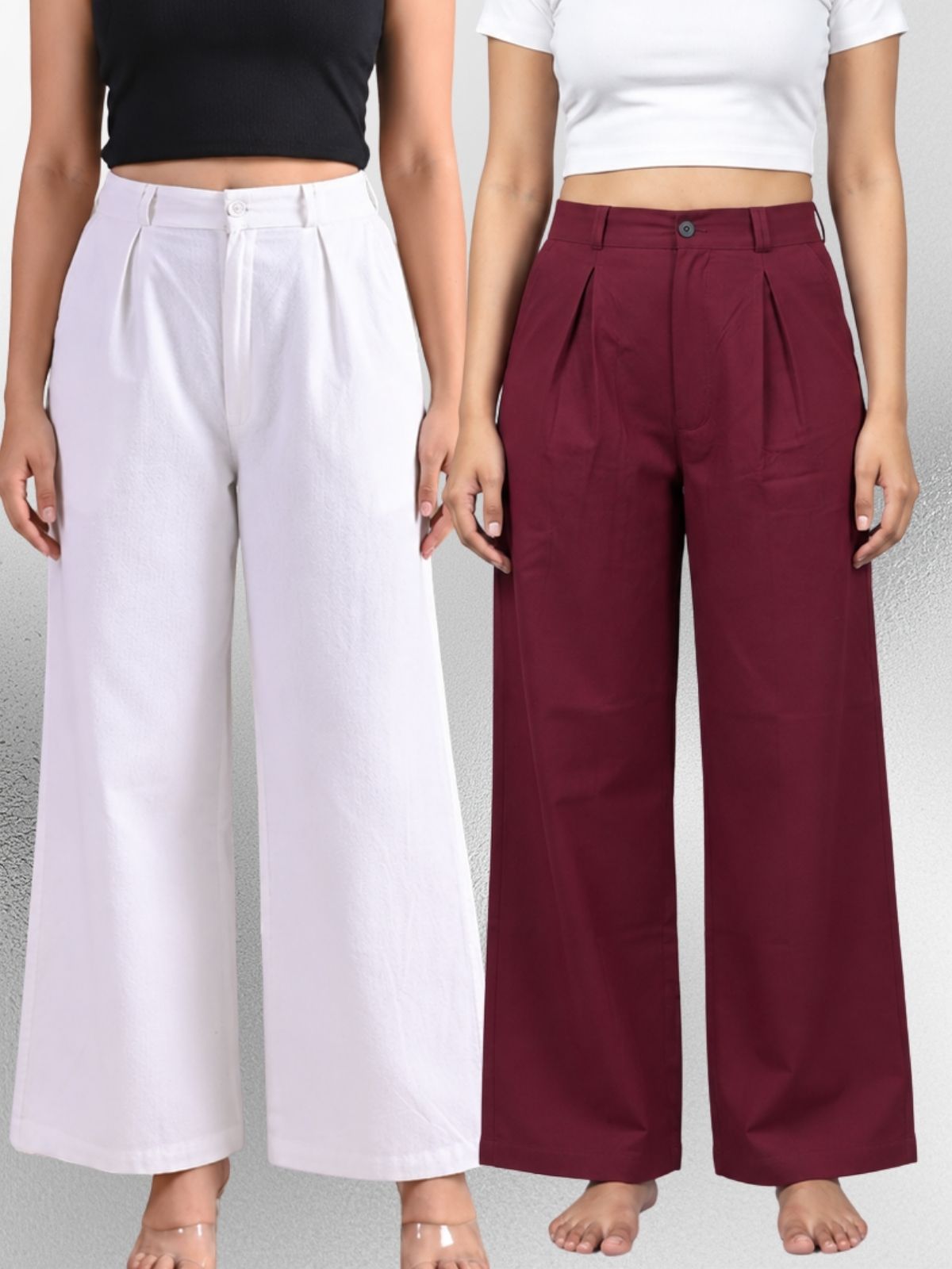 White & Wine-Cotton Wide Leg Pants Combo