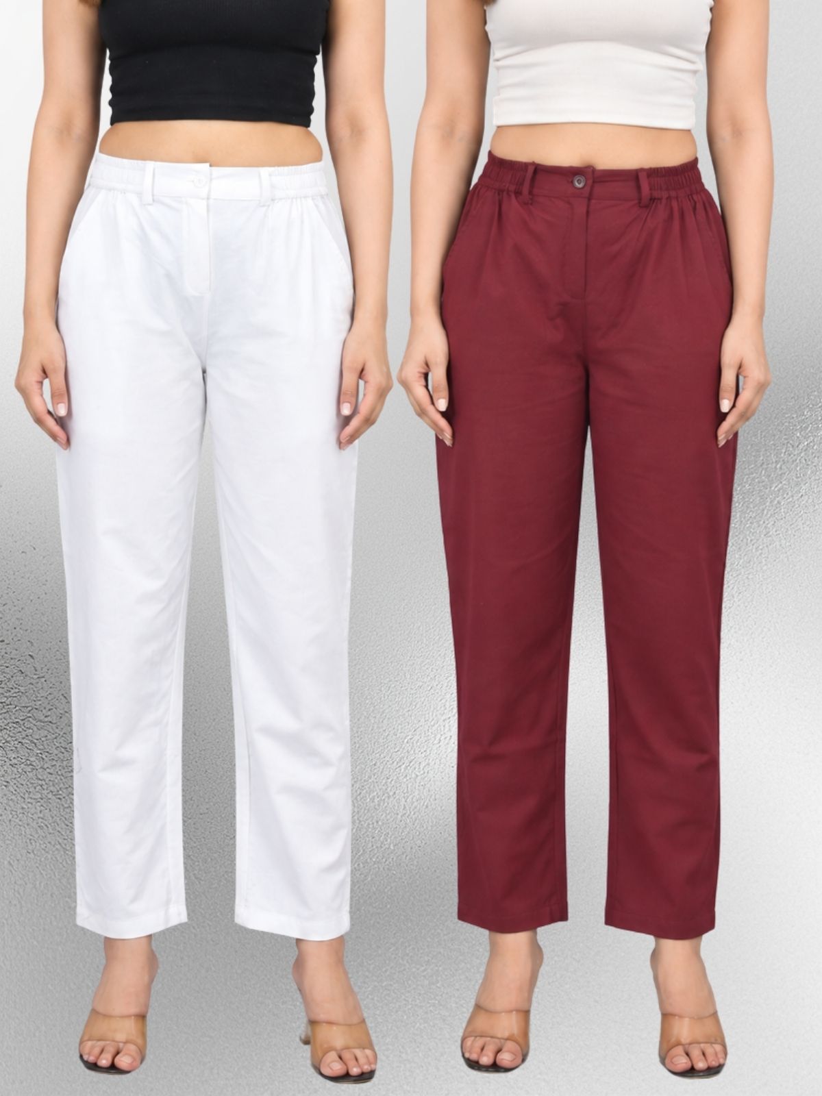 White & Wine-Regular Fit Cotton Formal Trouser Combo