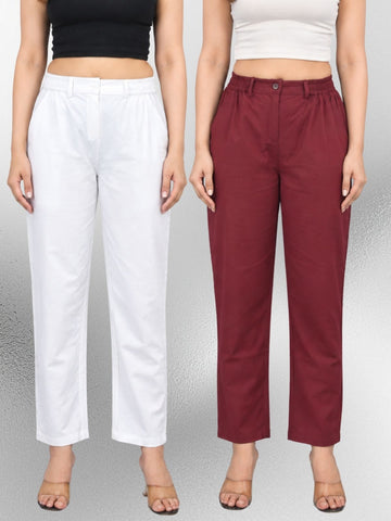 White & Wine-Regular Fit Cotton Formal Trouser Combo