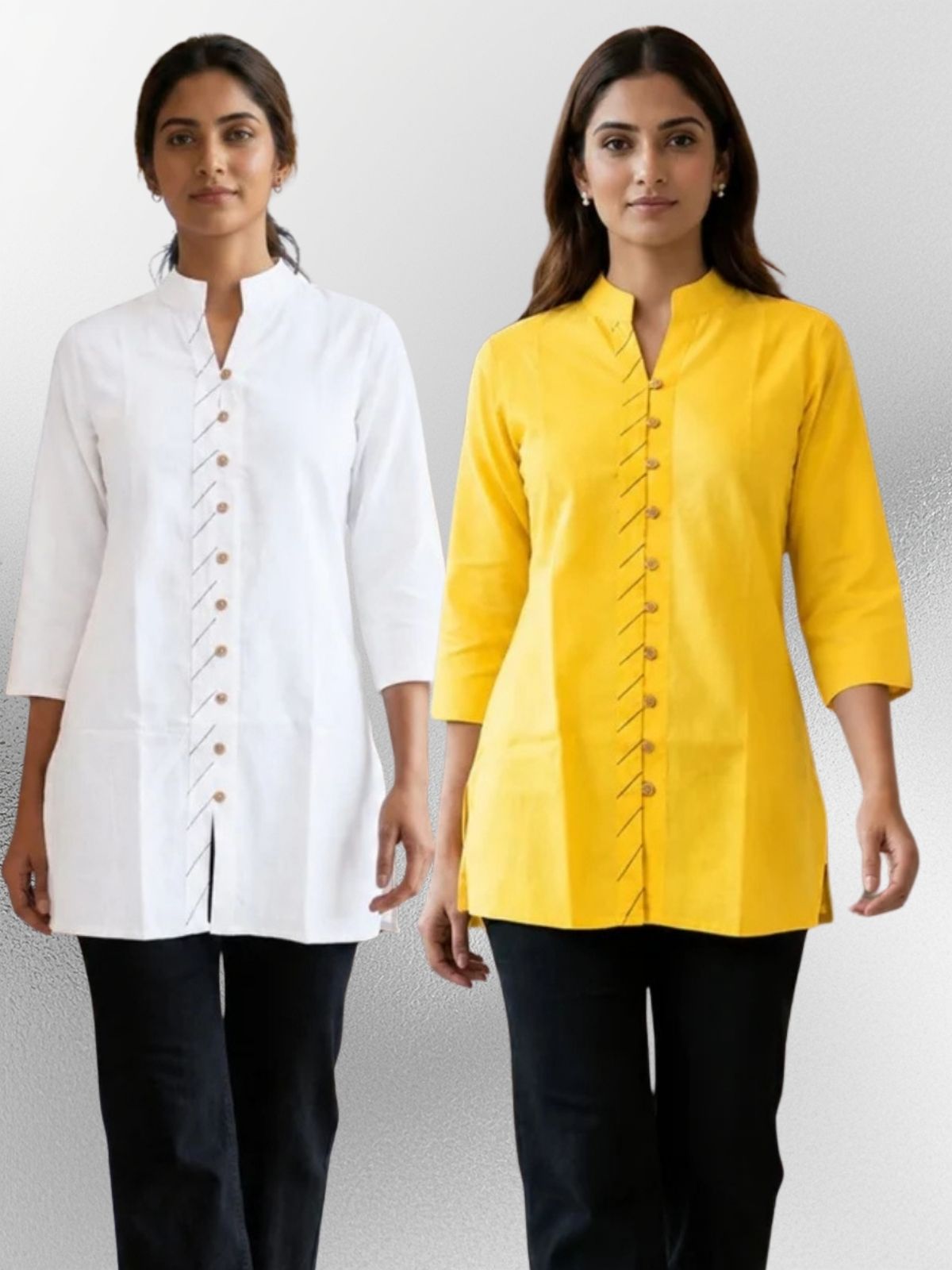 White & Yellow Handloom Cotton Front-Slit Short Kurti Combo