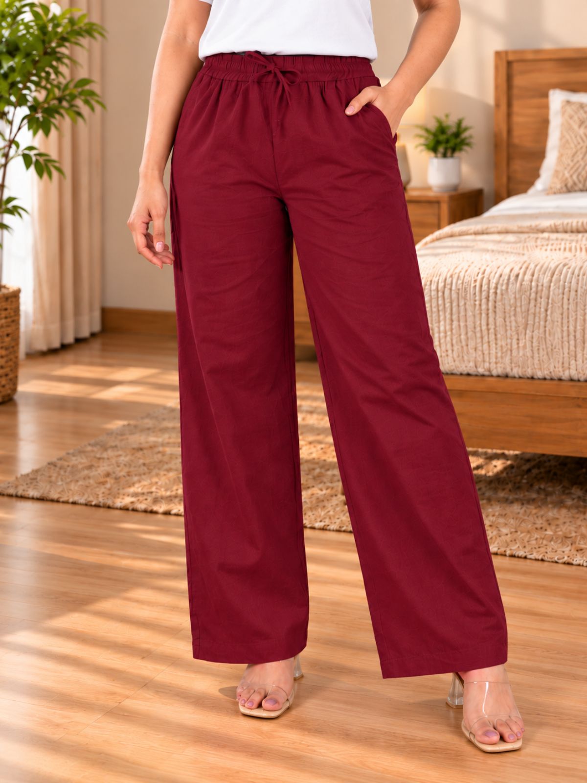 Wine Cotton Solid Payjama Pants