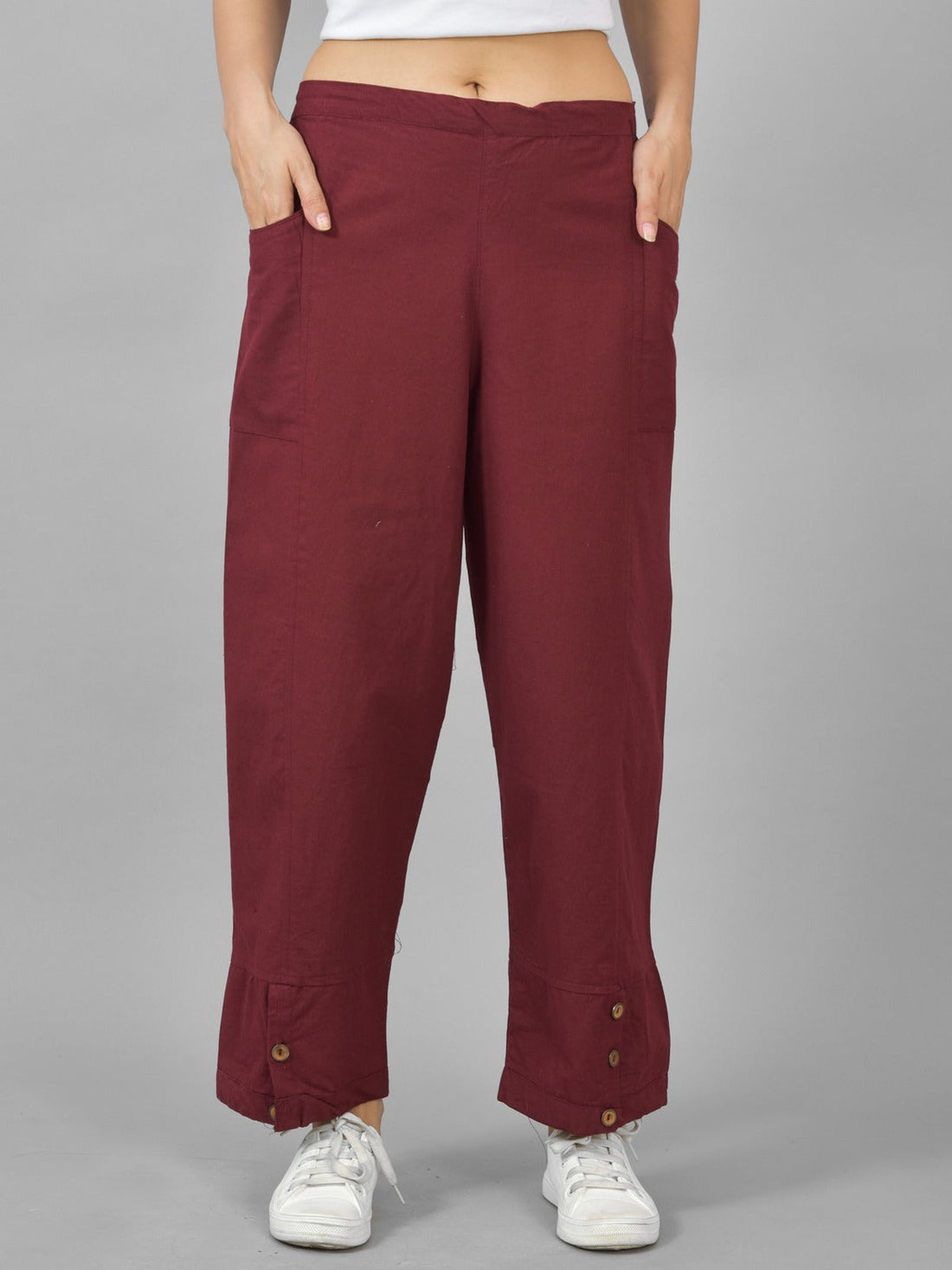 White & Wine Cotton Straight Cargo Pant Combo