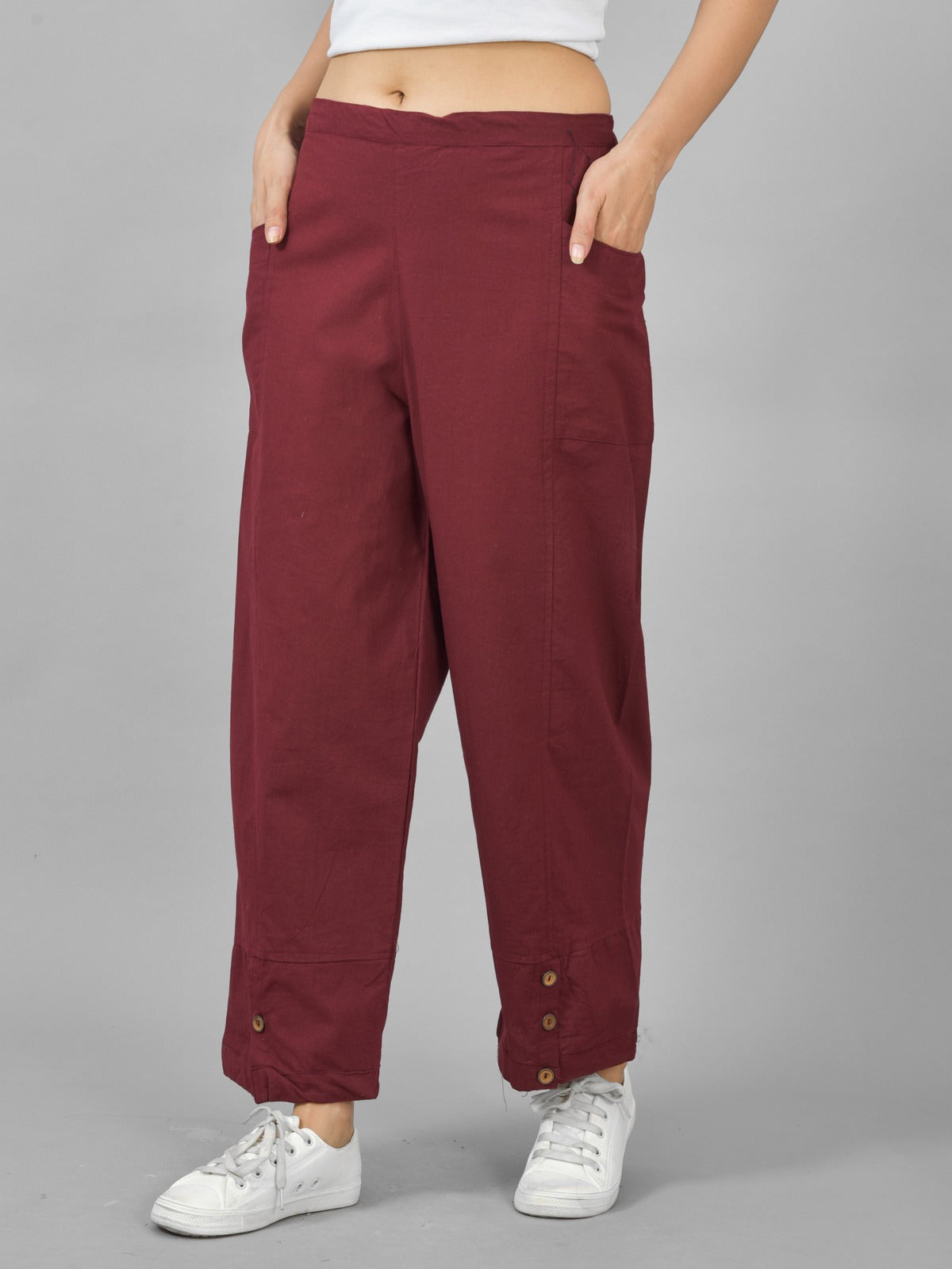 Cream & Wine Cotton Straight Cargo Pant Combo