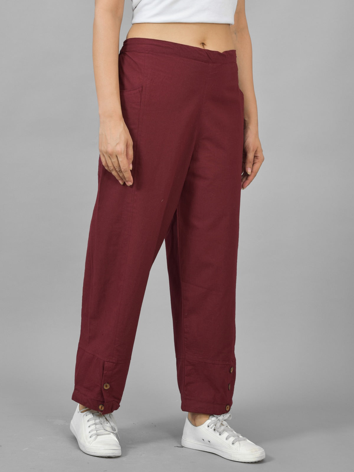 White & Wine Cotton Straight Cargo Pant Combo