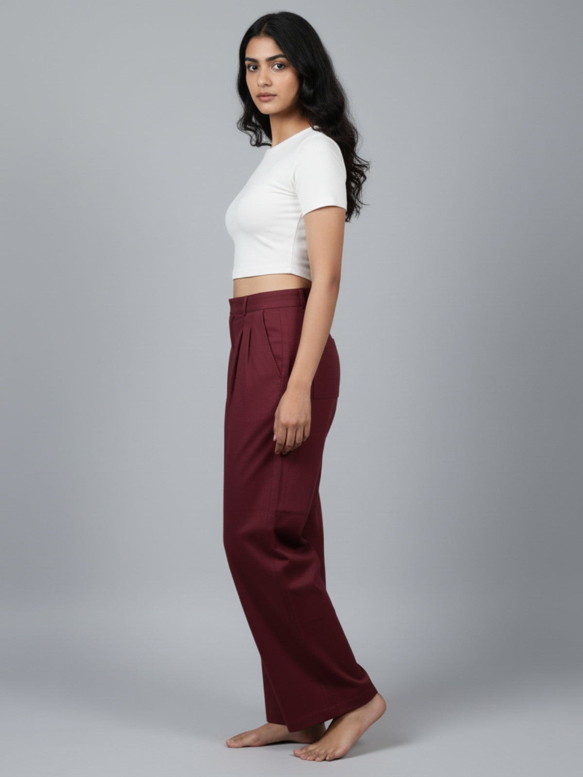Wine Cotton Wide Leg Pants