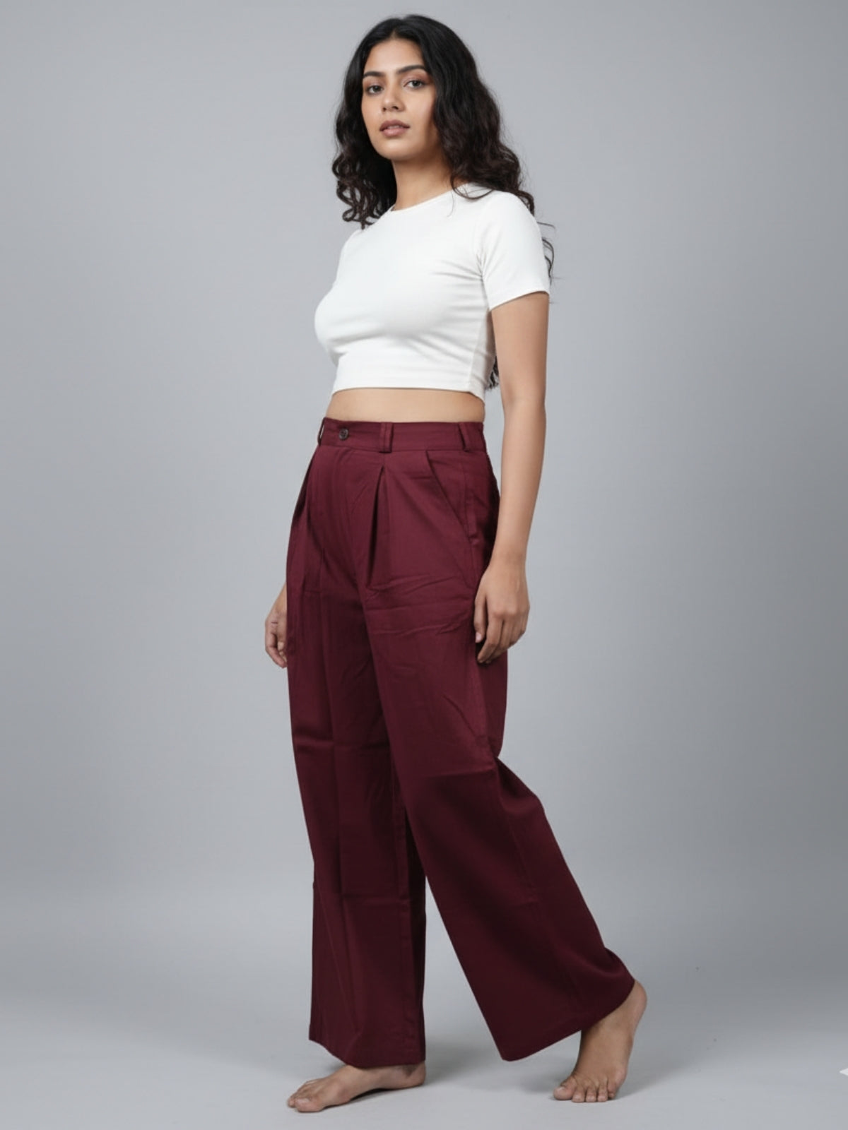 White & Wine-Cotton Wide Leg Pants Combo