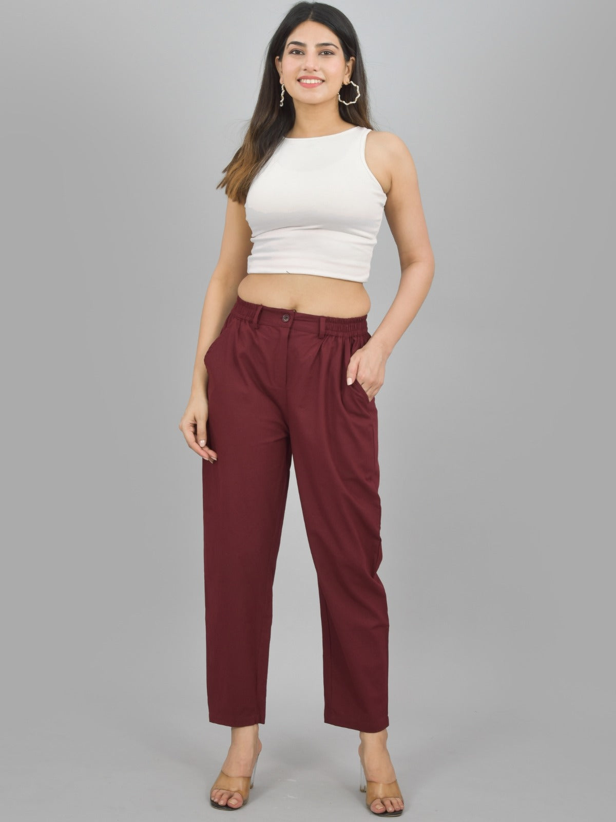 White & Wine-Regular Fit Cotton Formal Trouser Combo