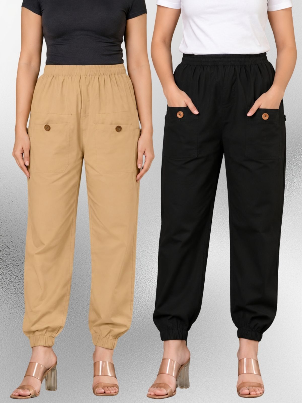 Beige & Black Four Pocket Cotton Cargo Pants Combo