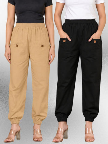 Beige & Black Four Pocket Cotton Cargo Pants Combo