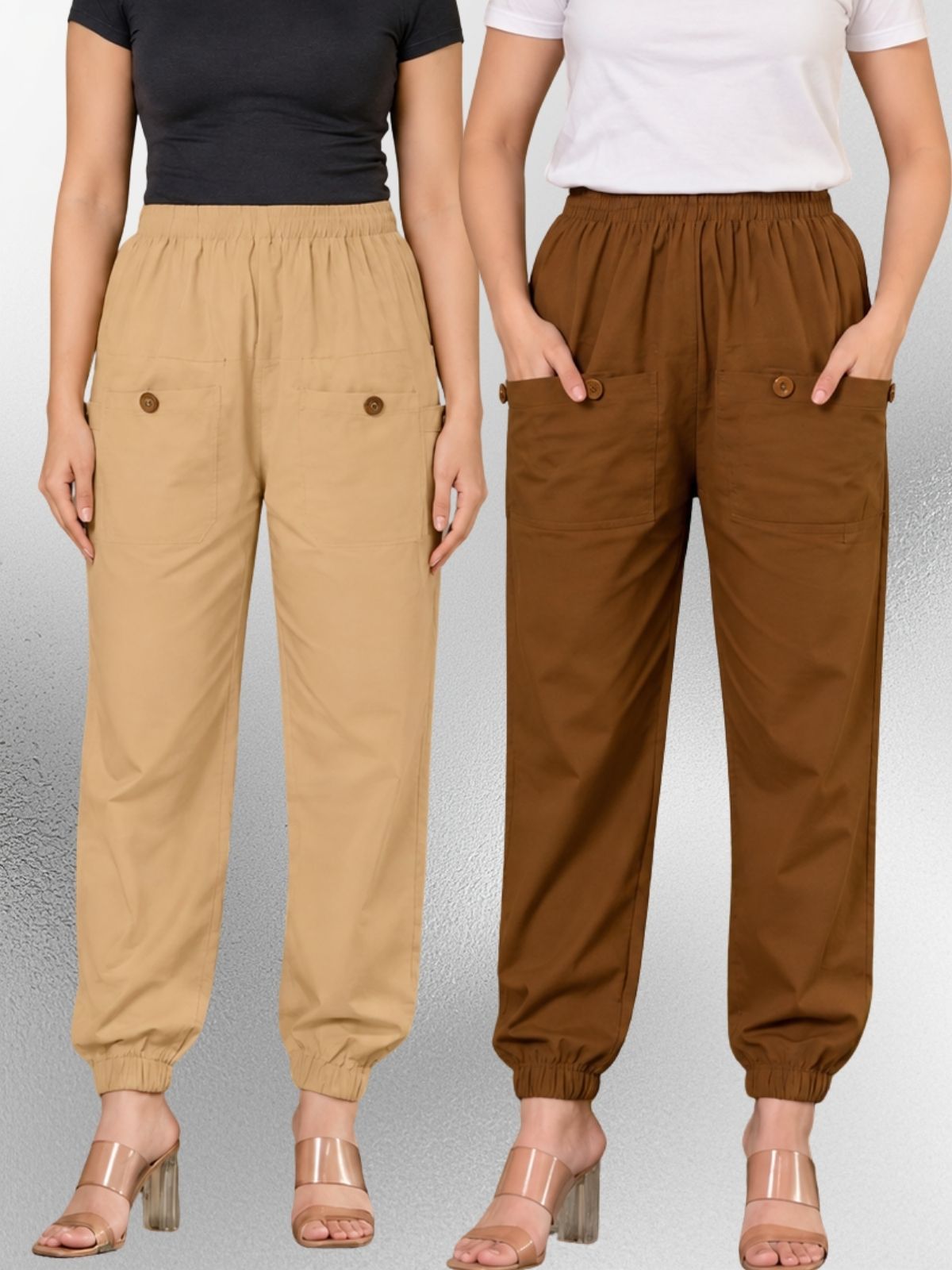 Beige & Brown Four Pocket Cotton Cargo Pants Combo