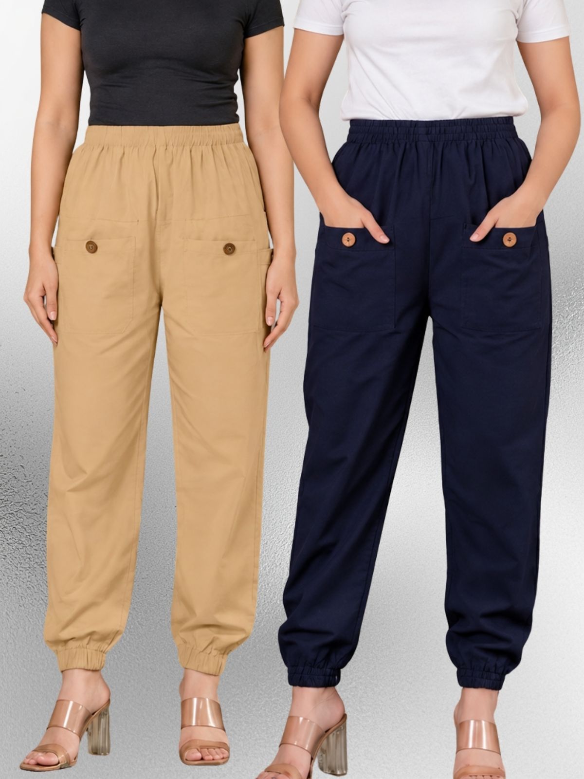 Beige & Dark Blue Four Pocket Cotton Cargo Pants Combo