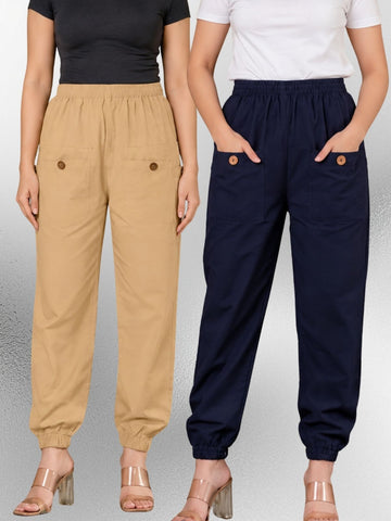 Beige & Dark Blue Four Pocket Cotton Cargo Pants Combo