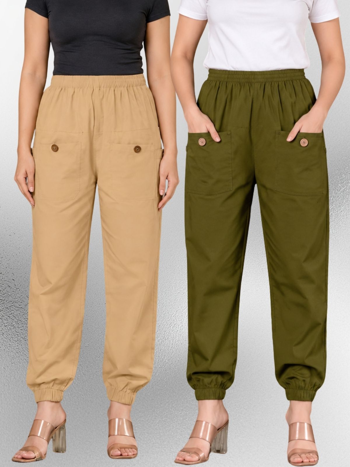 Beige & Dark Green Four Pocket Cotton Cargo Pants Combo