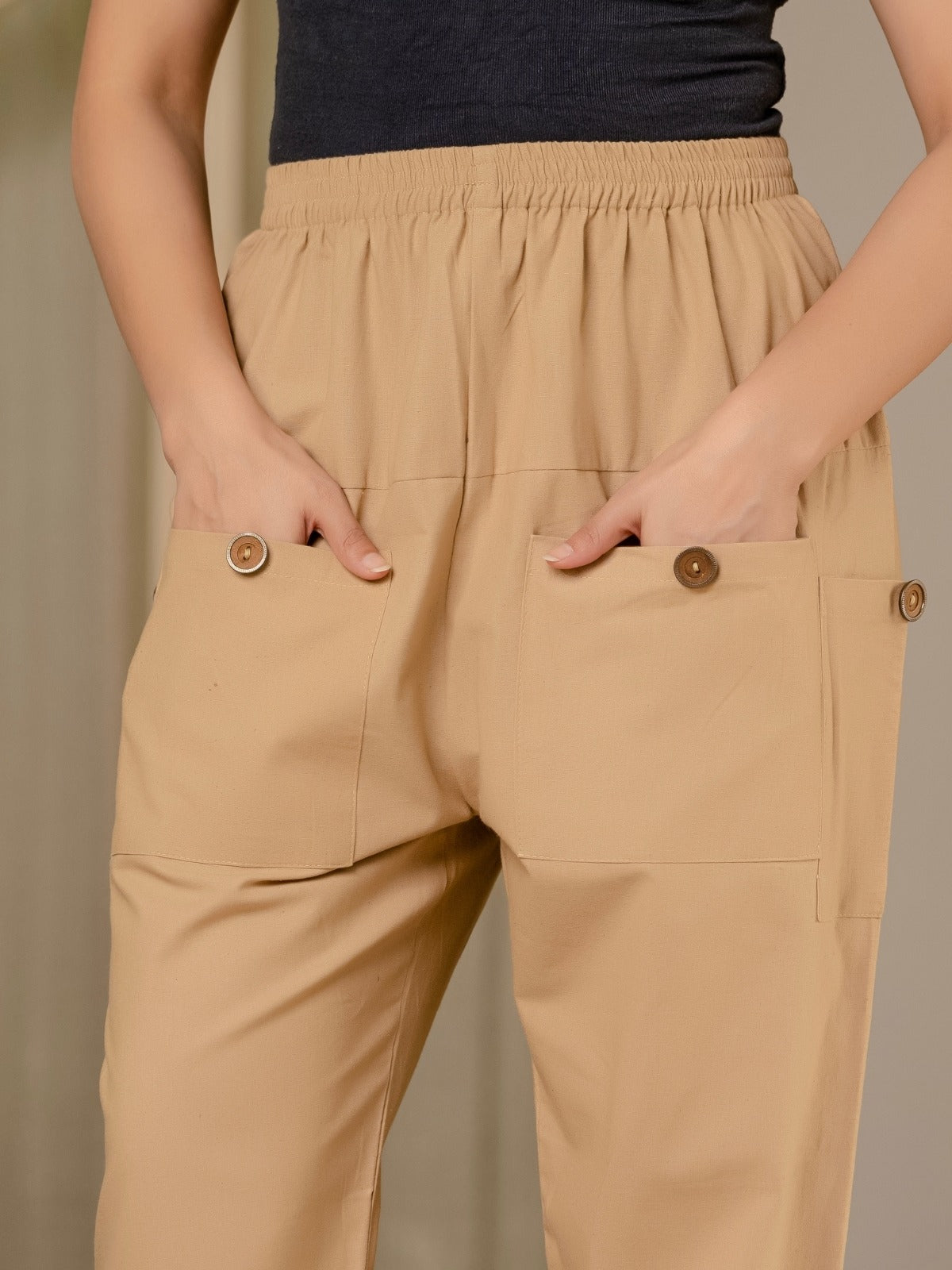 Beige Four Pocket Cotton Cargo Pants