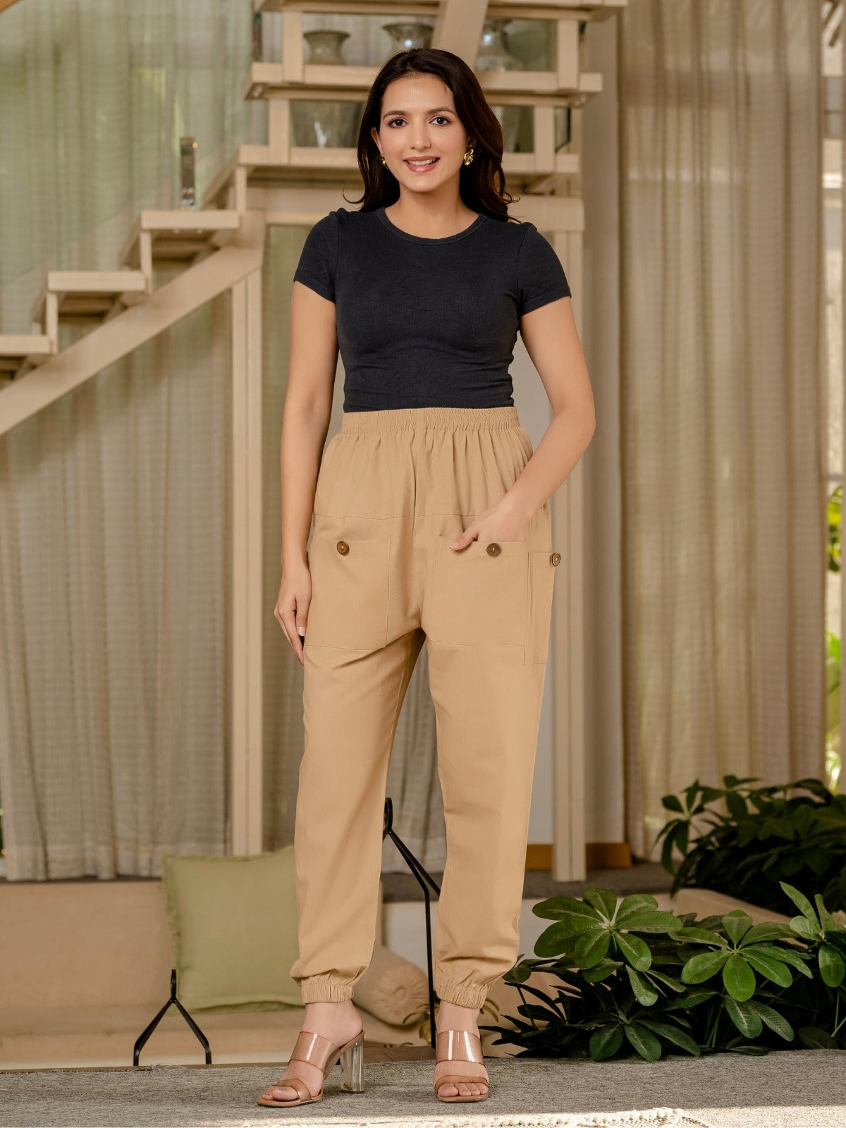 Beige Four Pocket Cotton Cargo Pants