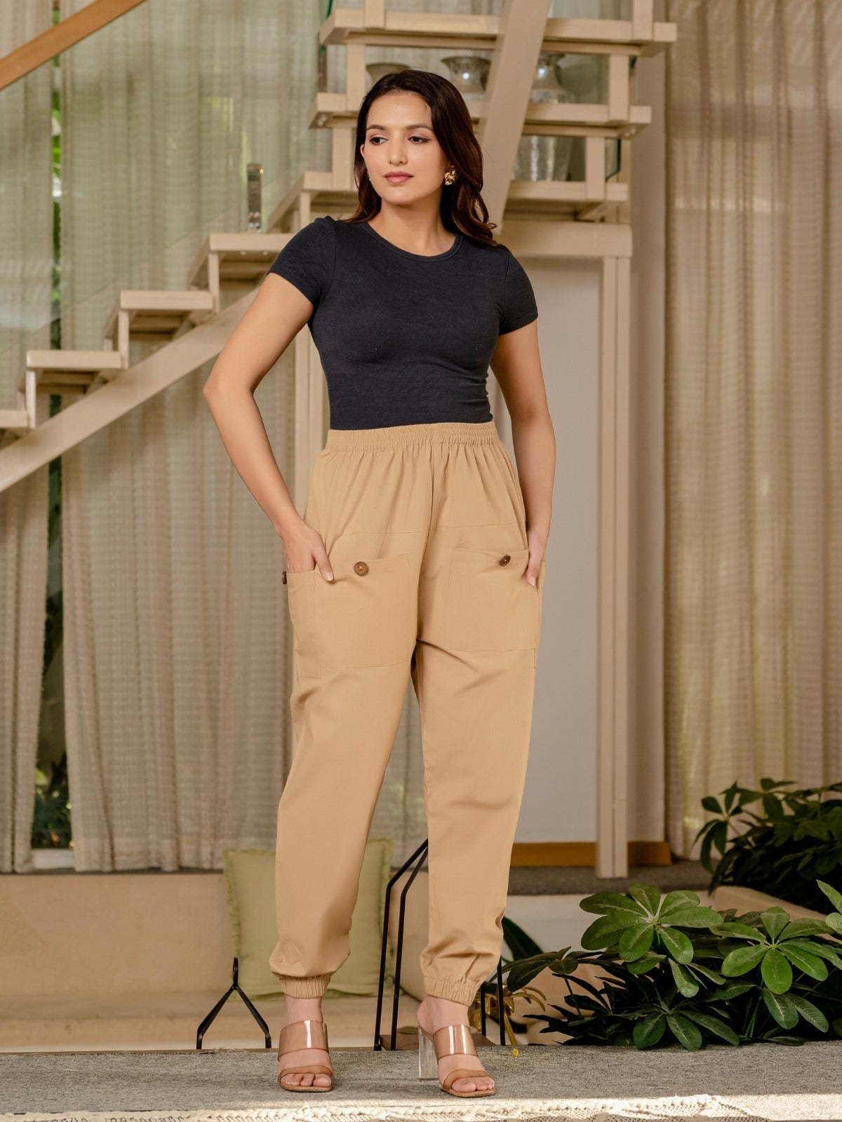 Beige Four Pocket Cotton Cargo Pants