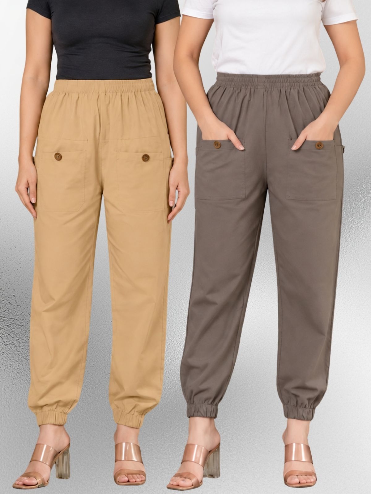 Beige & Grey Four Pocket Cotton Cargo Pants Combo