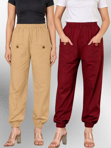 Beige & Maroon Four Pocket Cotton Cargo Pants Combo