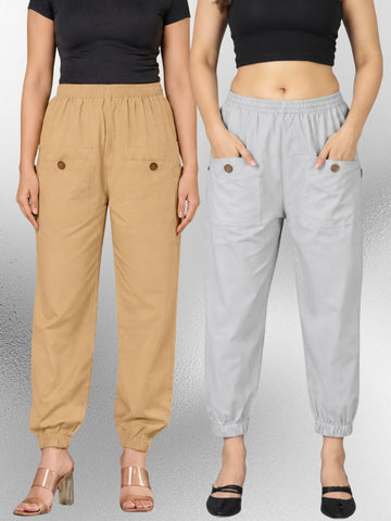 Beige & Melange Four Pocket Cotton Cargo Pants Combo