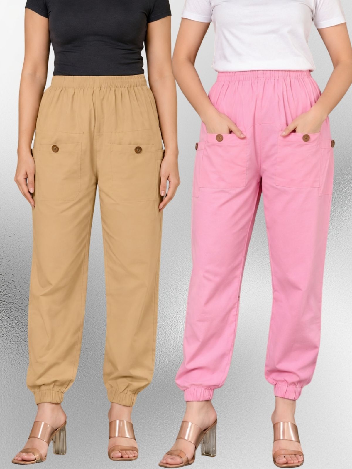 Beige & Pink Four Pocket Cotton Cargo Pants Combo