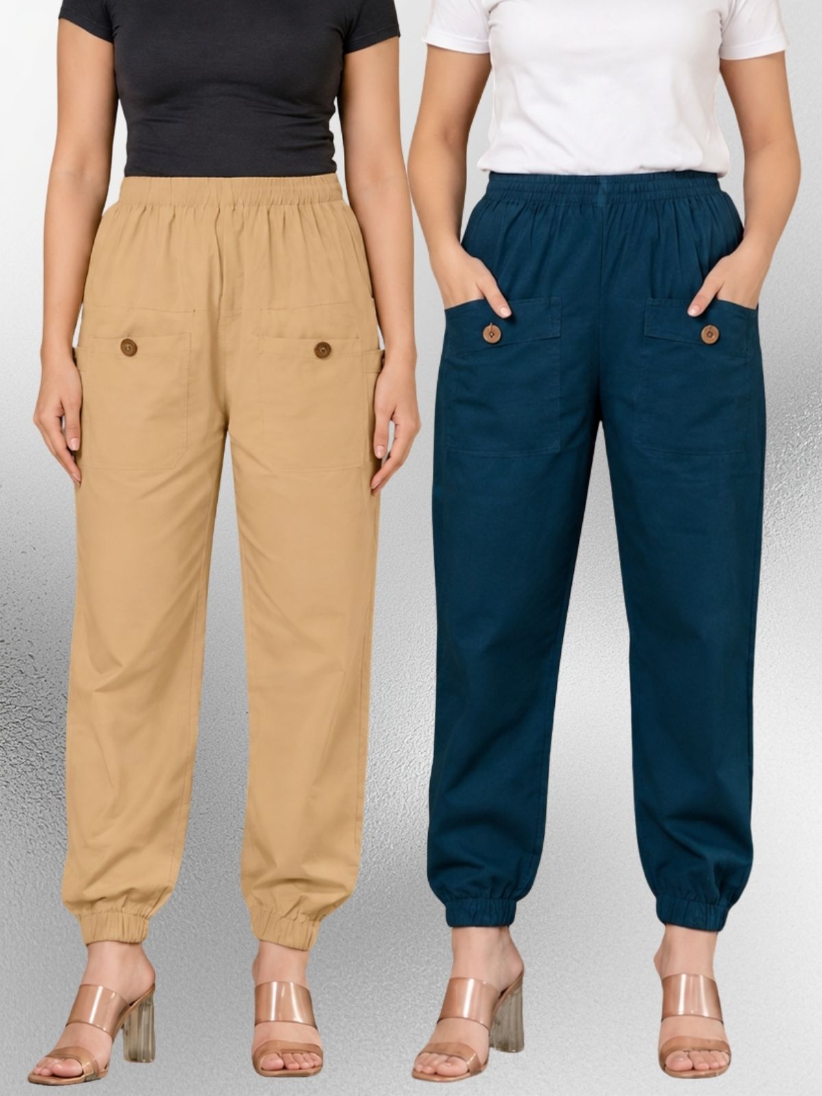 Beige & Tealblue Four Pocket Cotton Cargo Pants Combo