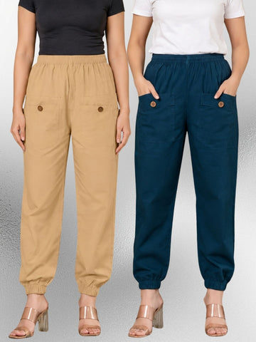Beige & Tealblue Four Pocket Cotton Cargo Pants Combo