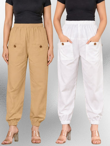 Beige & White Four Pocket Cotton Cargo Pants Combo