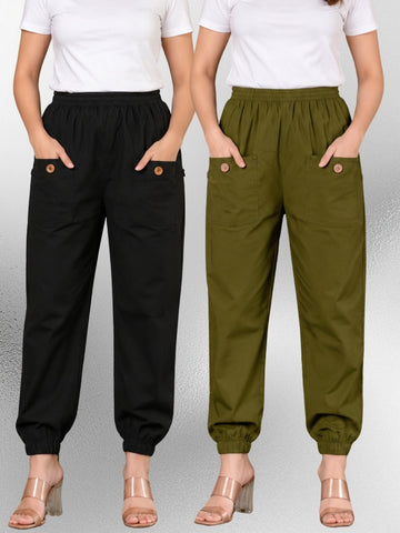 Black & Dark Green Four Pocket Cotton Cargo Pants Combo