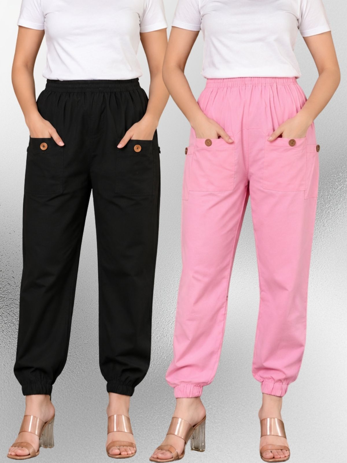 Black & Pink Four Pocket Cotton Cargo Pants Combo