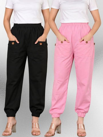 Black & Pink Four Pocket Cotton Cargo Pants Combo