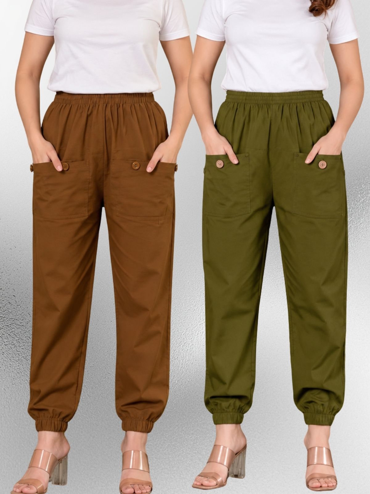 Brown & Dark Green Four Pocket Cotton Cargo Pants Combo