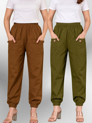 Brown & Dark Green Four Pocket Cotton Cargo Pants Combo