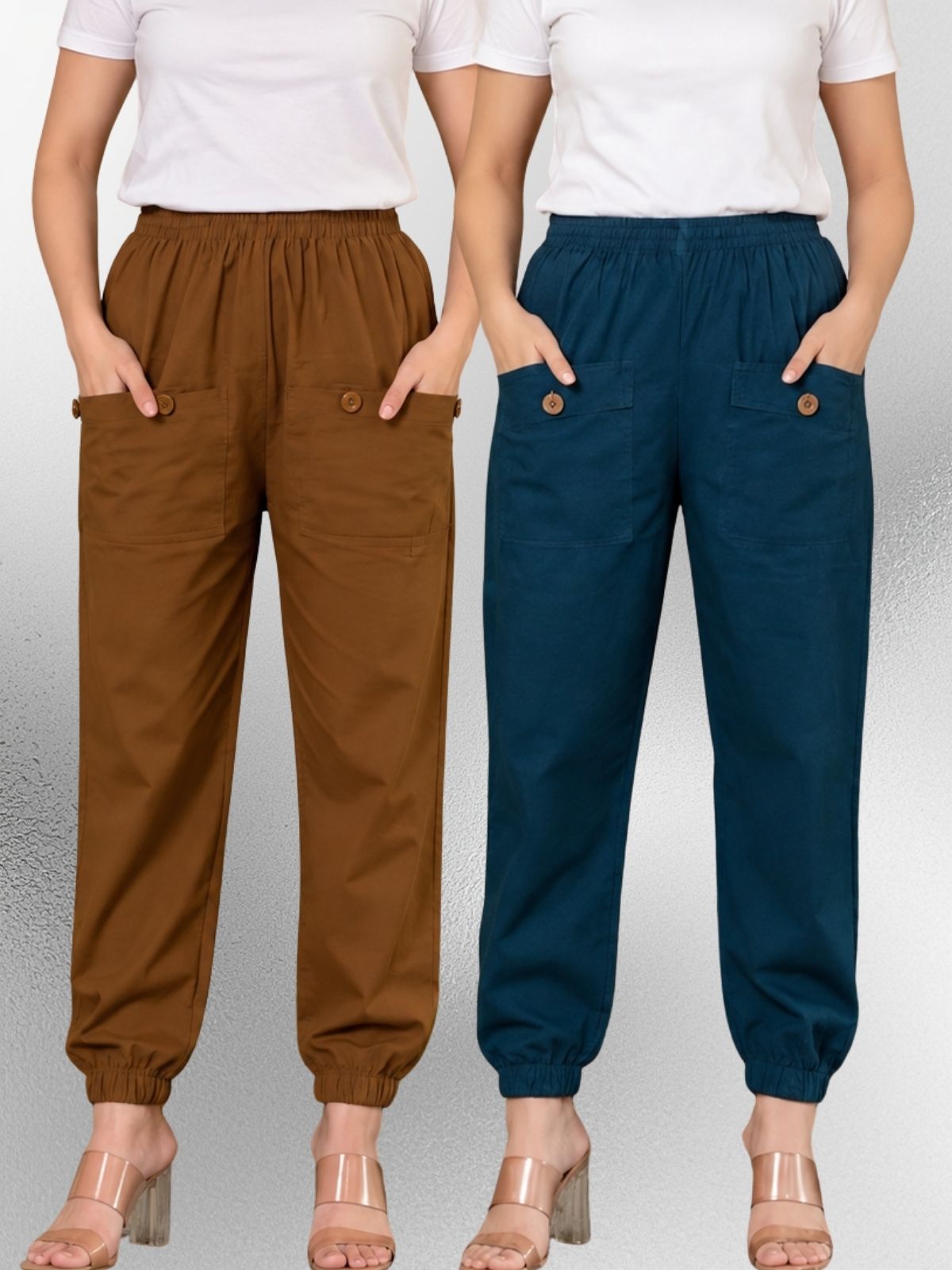 Brown & Tealblue Four Pocket Cotton Cargo Pants Combo