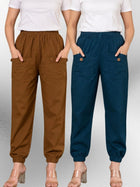 Brown & Tealblue Four Pocket Cotton Cargo Pants Combo