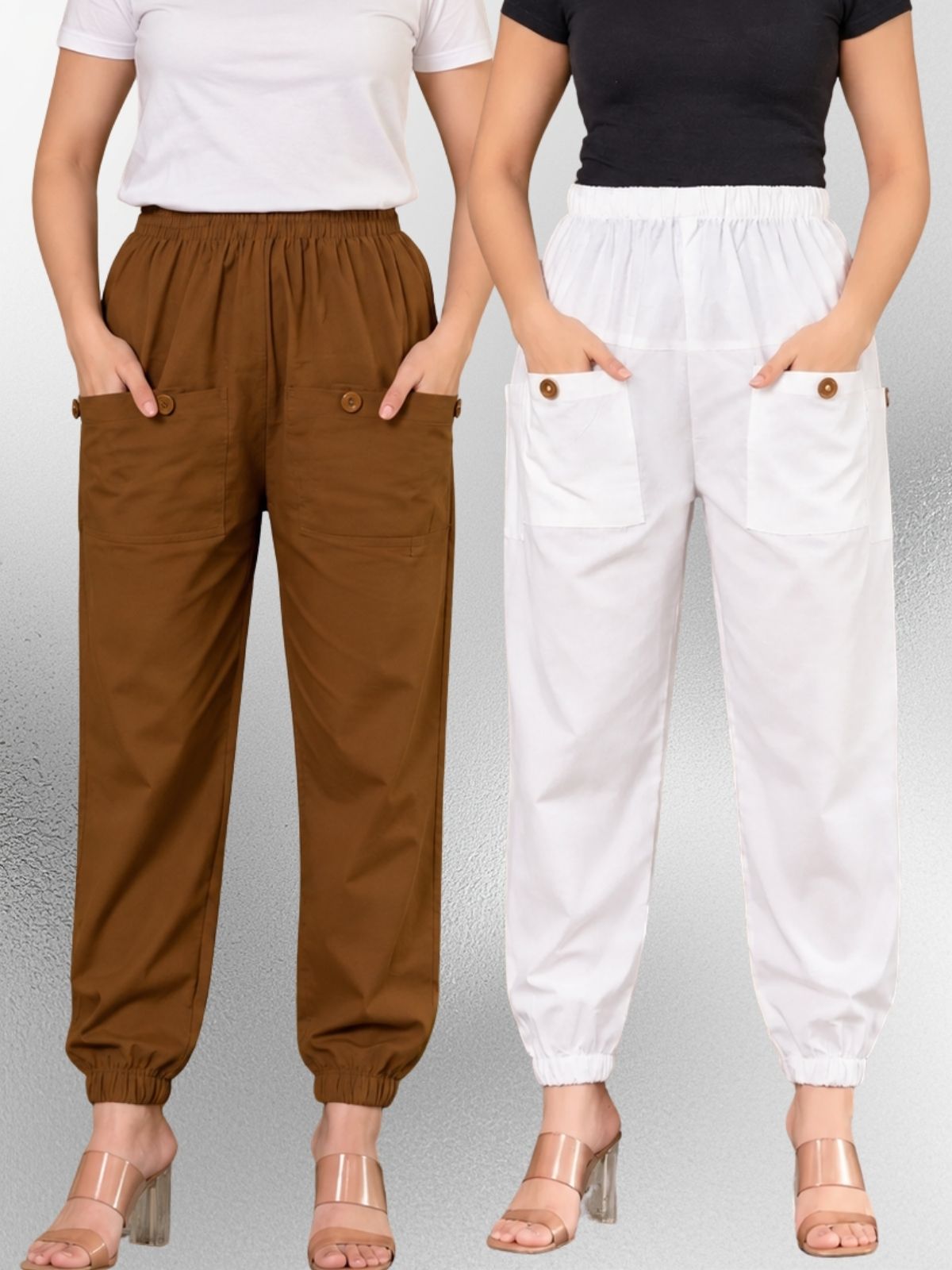 Brown & White Four Pocket Cotton Cargo Pants Combo