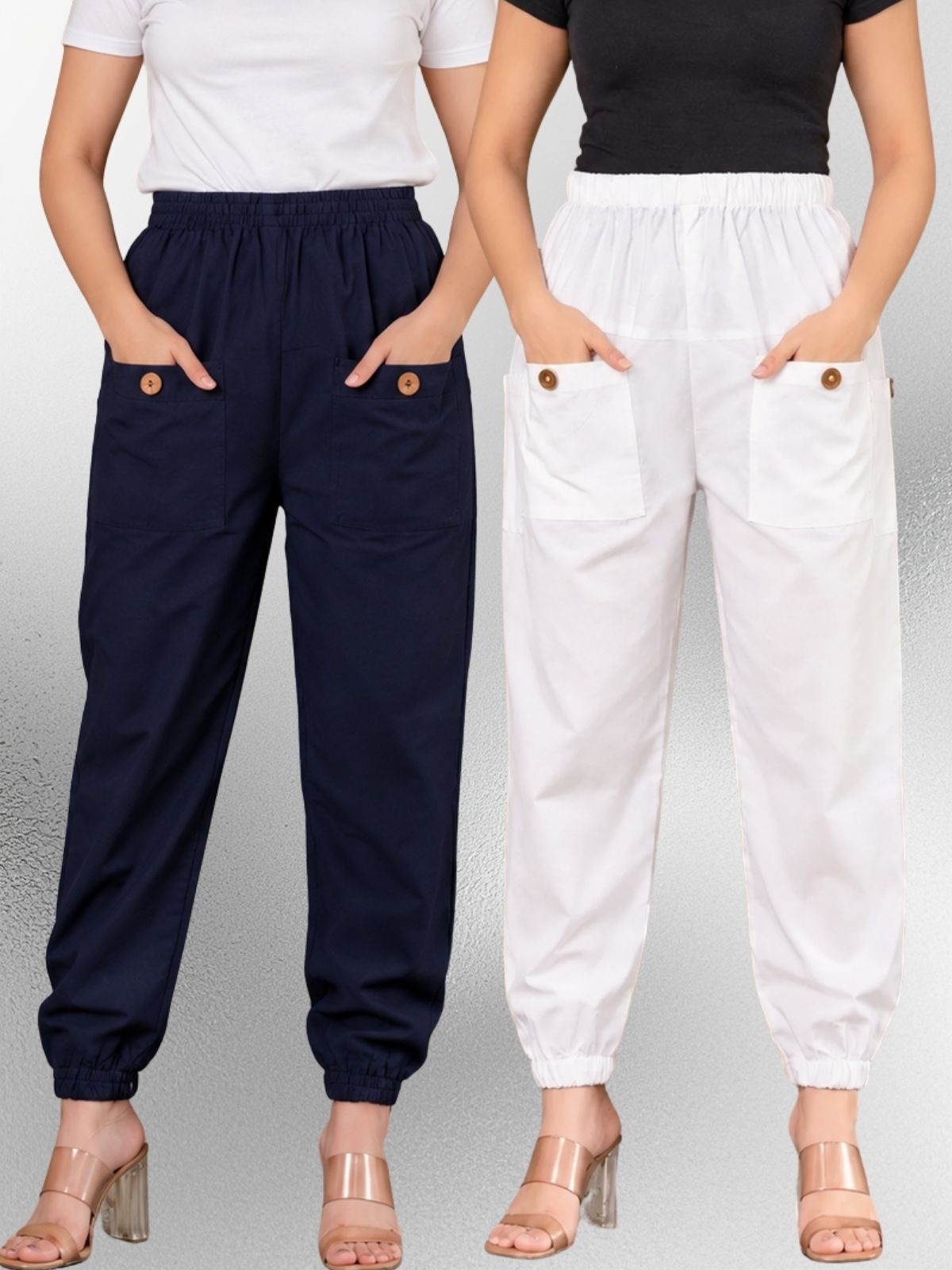 Dark Blue & White Four Pocket Cotton Cargo Pants Combo
