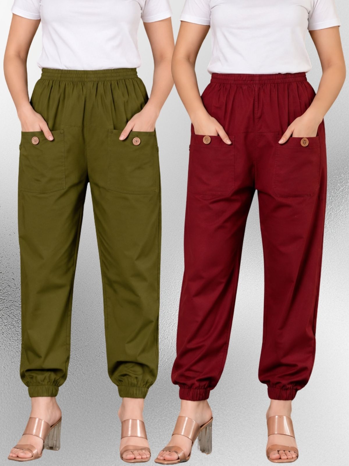 Dark Green & Maroon Four Pocket Cotton Cargo Pants Combo