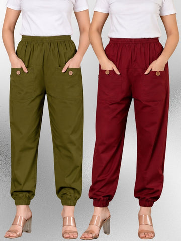 Dark Green & Maroon Four Pocket Cotton Cargo Pants Combo