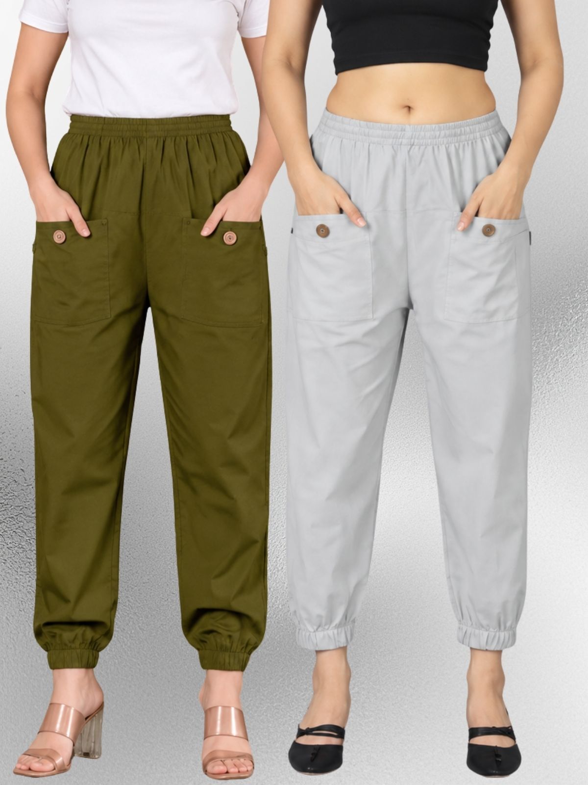 Dark Green & Melange Four Pocket Cotton Cargo Pants Combo