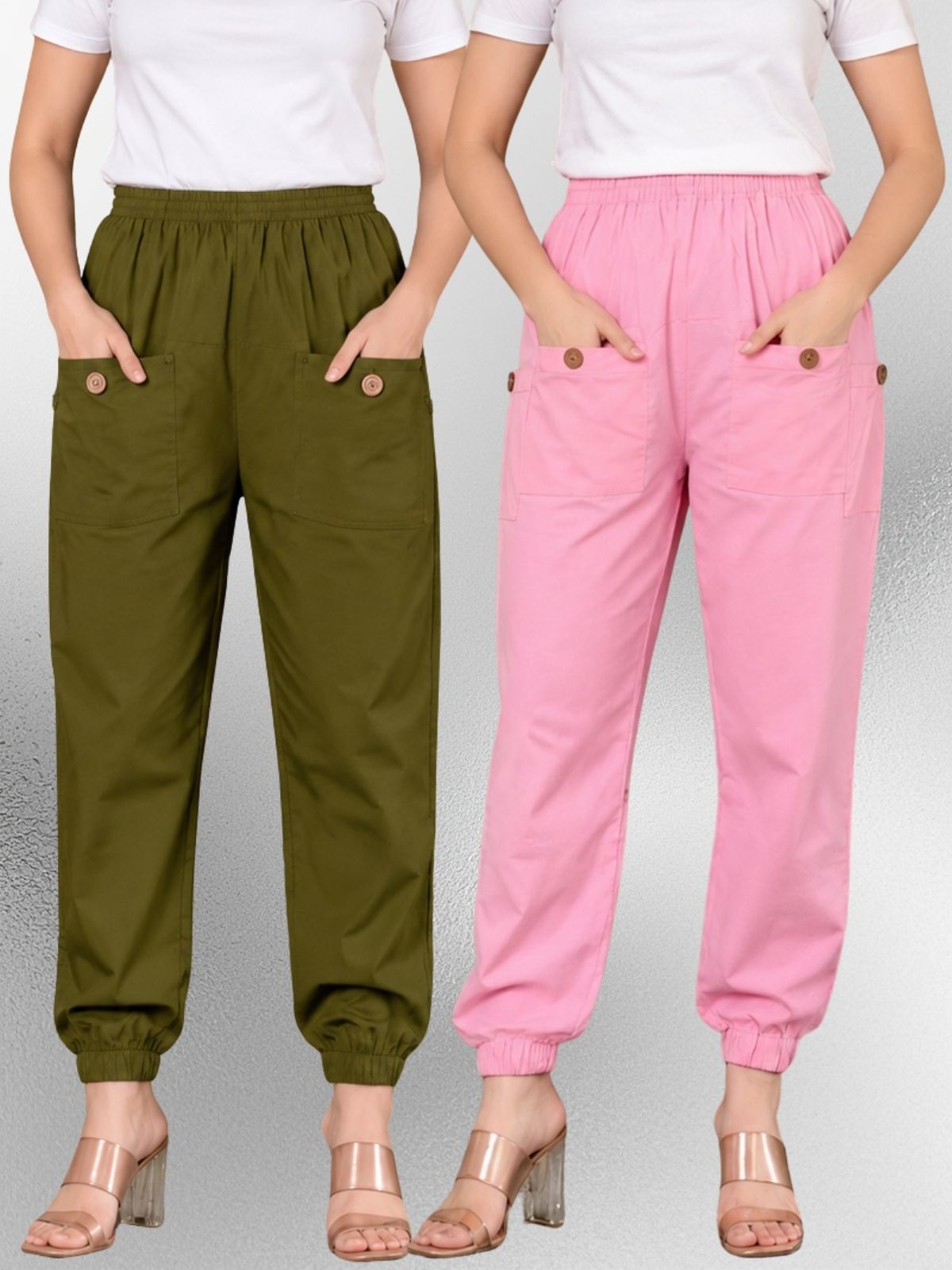 Dark Green & Pink Four Pocket Cotton Cargo Pants Combo