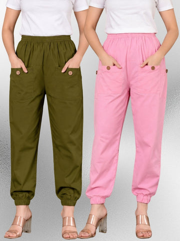 Dark Green & Pink Four Pocket Cotton Cargo Pants Combo