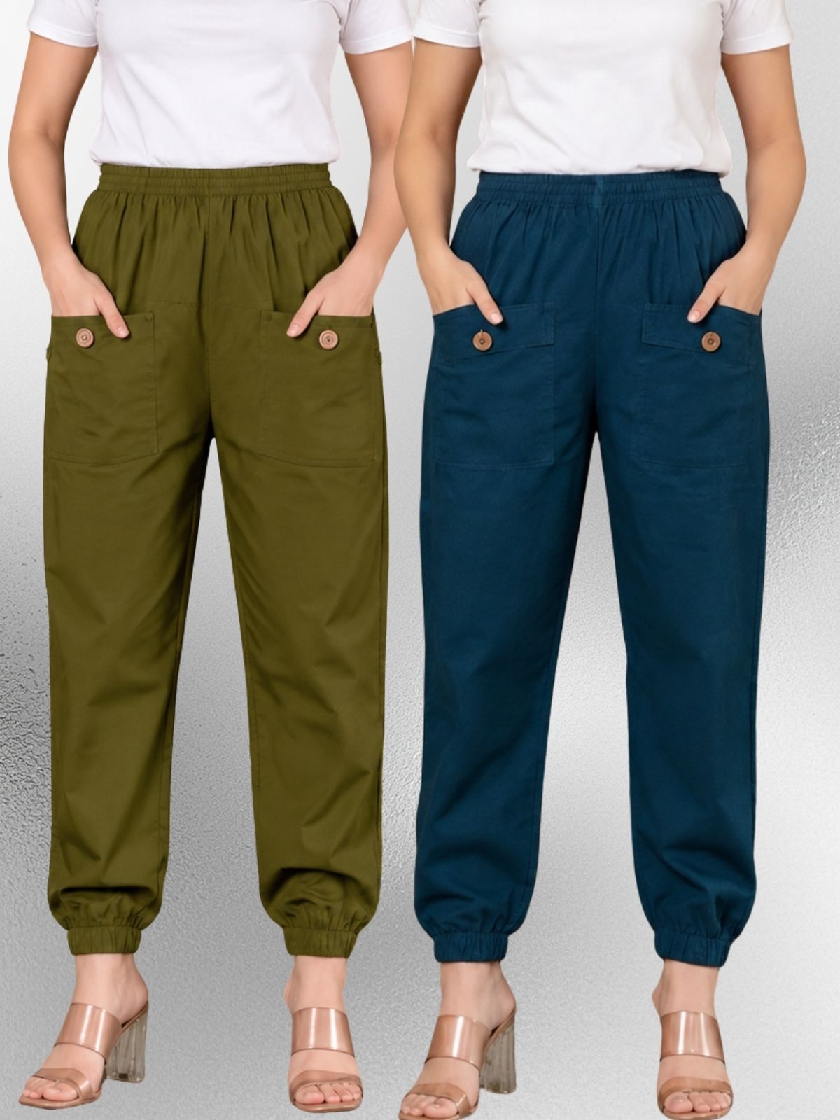 Dark Green & Tealblue Four Pocket Cotton Cargo Pants Combo