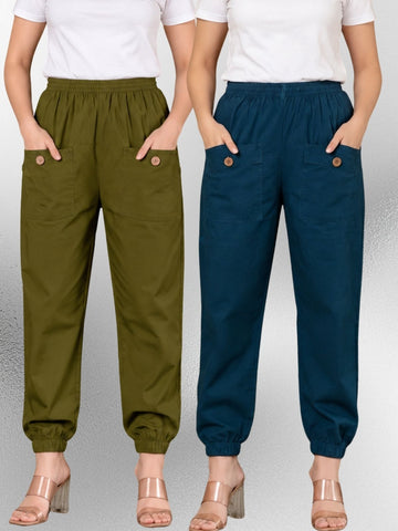 Dark Green & Tealblue Four Pocket Cotton Cargo Pants Combo