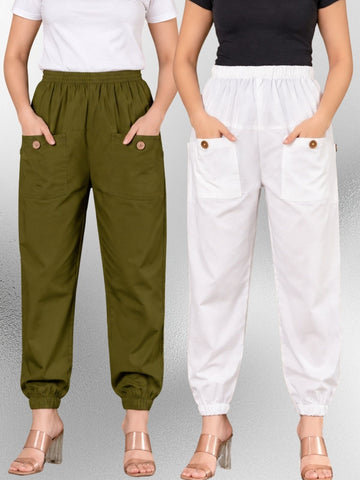 Dark Green & White Four Pocket Cotton Cargo Pants Combo