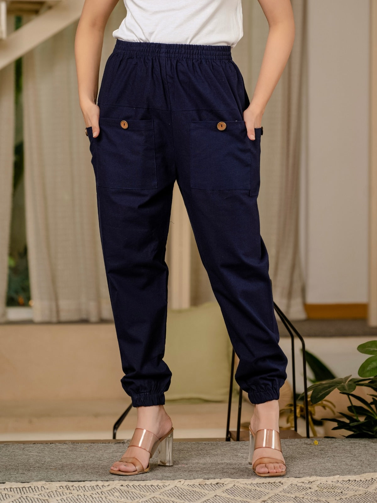 Dark Blue & White Four Pocket Cotton Cargo Pants Combo