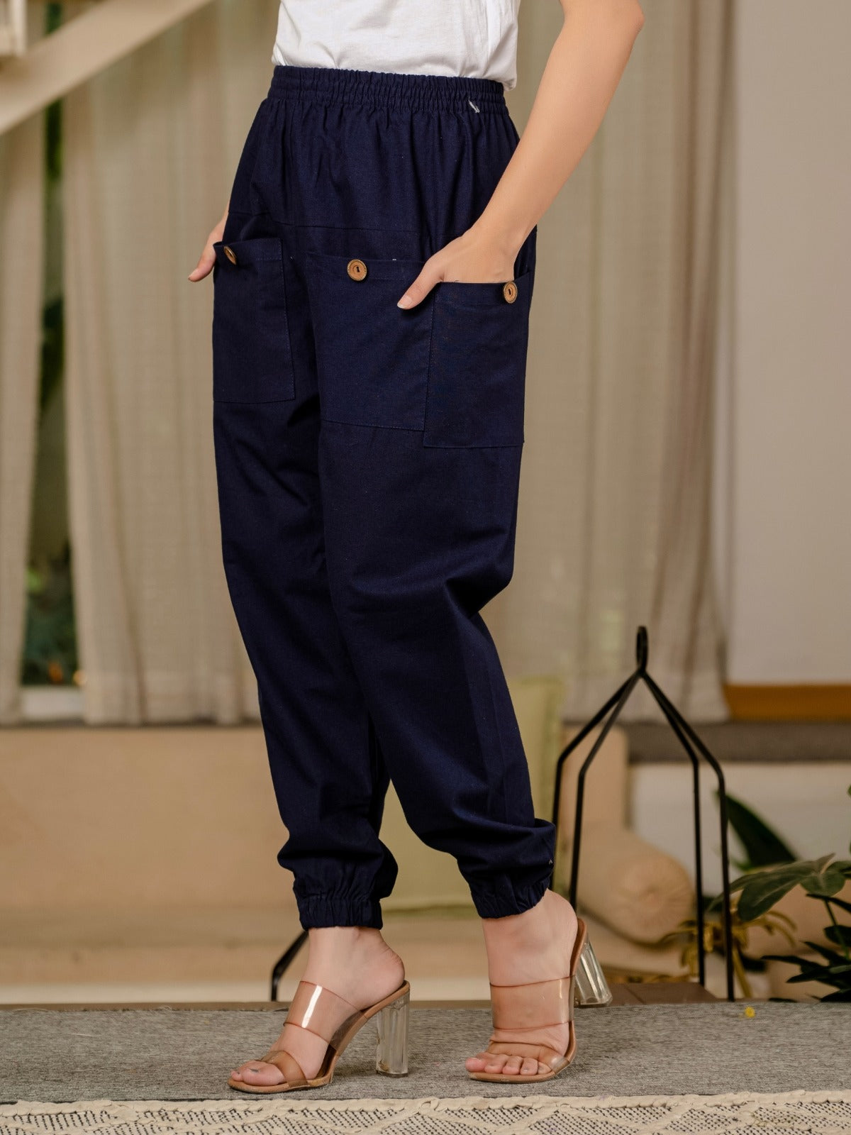 Dark Blue & White Four Pocket Cotton Cargo Pants Combo